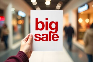 Big SALE Text on Flyer. Hand holding a paper card with letters "Big Sale", blurred Shopping Mall background. Sale offer on Black Friday Concept. Retail Promotions, Discount Events