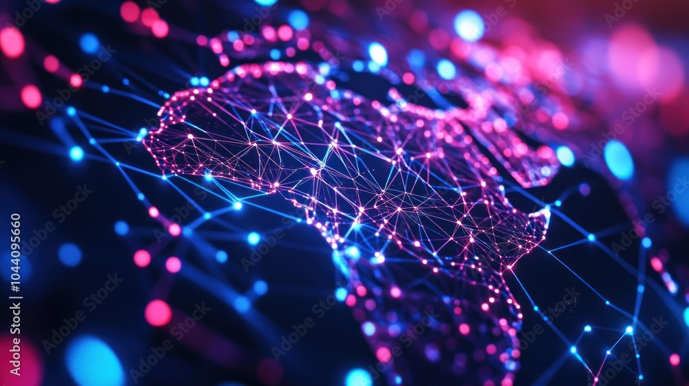 Poster abstract representation of africa with interconnected nodes and vibrant colors.
