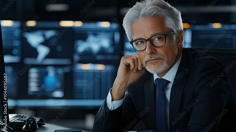 Poster a middle-aged businessman in a suit works at a desk, focusing on coding displayed on his computer sc