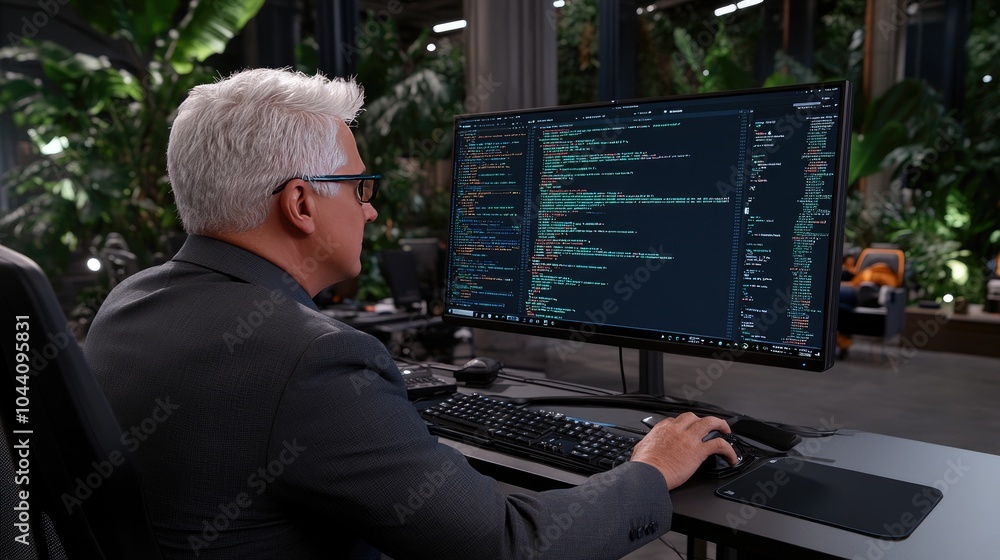 Poster a middle-aged businessman in a suit works at a desk, focusing on coding displayed on his computer sc
