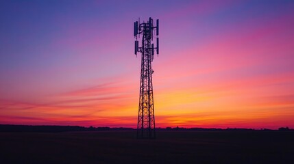 Fototapeta premium Sunset View of Communication Tower Against Colorful Sky
