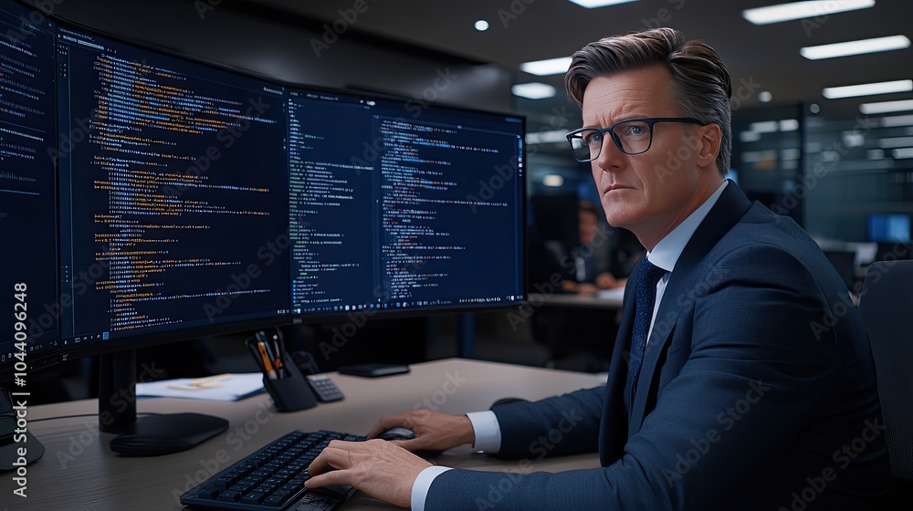 Poster a middle-aged businessman in a suit works at a desk, focusing on coding displayed on his computer sc