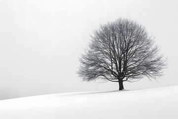 Fototapeta premium Solitary Tree in a Snowy Landscape Under a Misty Sky