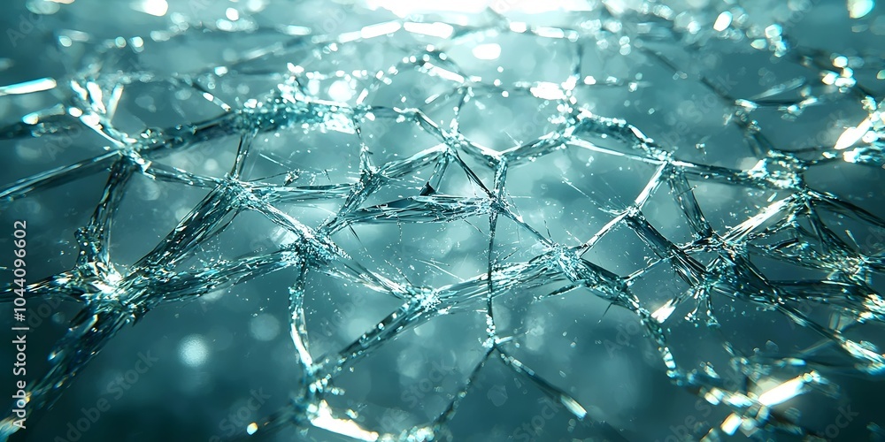 Poster a close-up view of fractured ice, creating a mesmerizing pattern of shards and glimmers, evoking a s
