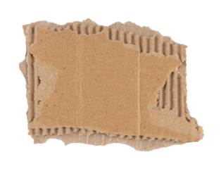 piece of ripped corrugated cardboard paper, scrap with torn edges, sign, label, banner, or paper collage element, isolated on a transparent background, grunge textured graphic element