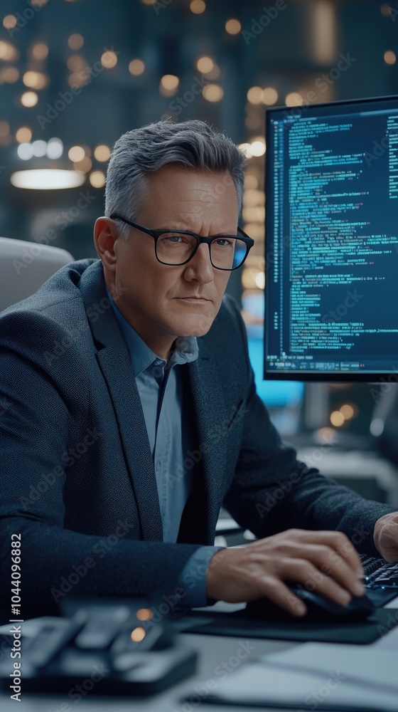 Poster a middle-aged businessman in a suit works at a desk, focusing on coding displayed on his computer sc