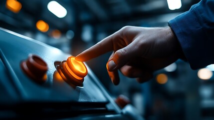 A worker's hand pressing a glowing orange button on a control panel.