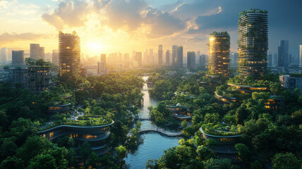 Naklejka premium A breathtaking skyline of a futuristic city filled with towering skyscrapers, interconnected by elevated walkways and green spaces.