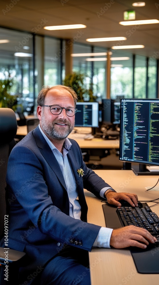 Poster a middle-aged businessman in a suit works at a desk, focusing on coding displayed on his computer sc