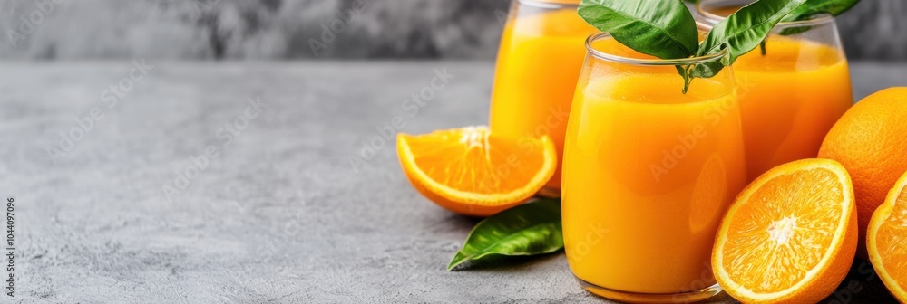Poster Several glasses of vibrant orange juice are surrounded by fresh oranges and basil leaves, creating a bright and refreshing look. Generative AI