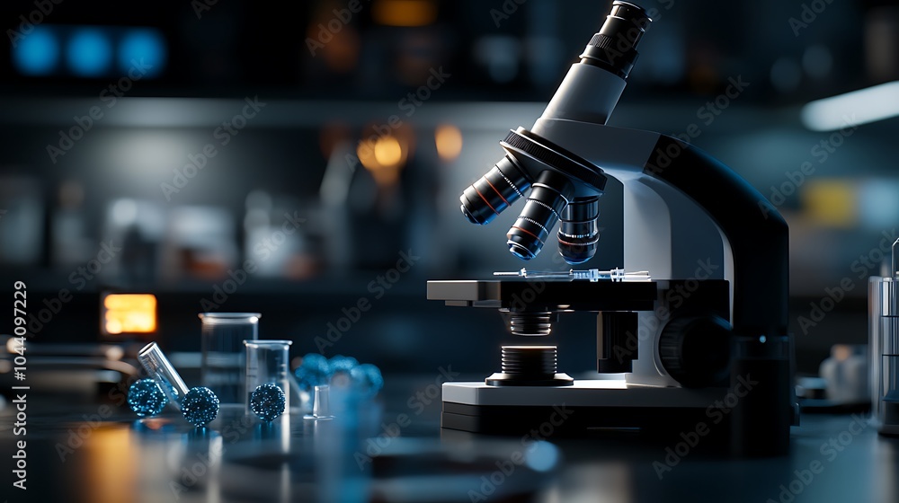 Poster a microscope with test tubes and beakers in a laboratory setting.