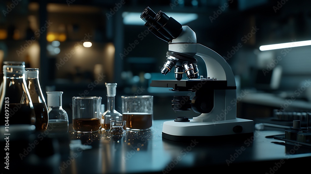 Poster a microscope sits on a table in a laboratory, surrounded by beakers filled with liquid.