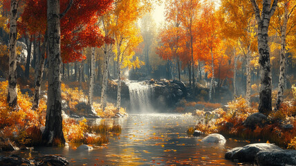 A serene autumn forest scene with colorful trees