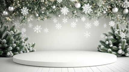 A minimalistic podium display set against white background and snowflake accents, ideal for a Christmas promotional showcase