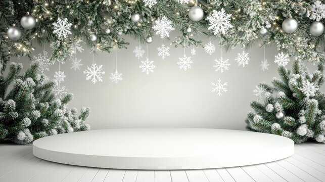 A minimalistic podium display set against white background and snowflake accents, ideal for a Christmas promotional showcase