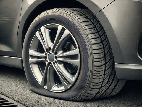 Image of a flat tire of the front wheel of a car.