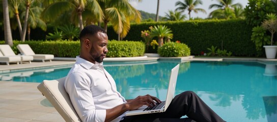 African-American man unwinding by the pool with his laptop on a lounge chair