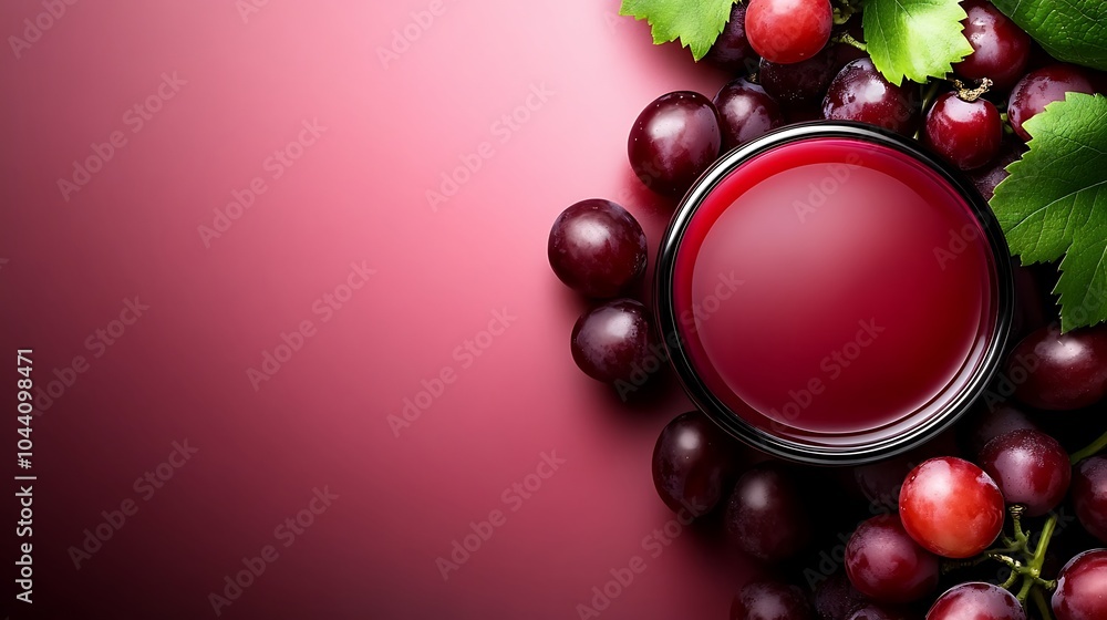 Poster glass of red grape juice with grapes and leaves on a red background.