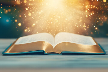 An unfolded Bible with golden pages emanating rays of light on a blurred blue background. Symbolizes the spark of divine wisdom.