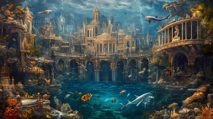 Enchanted underwater kingdom ruled by mythical sea creatures in renaissance inspired style. Merfolk Palace. Illustration