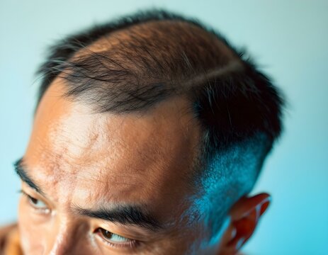 Head shot of a man with a receding hairline on a white background. Male pattern baldness. Androgenic or androgenetic alopecia. Hair loss. Forehead close-up, side view. Hair care and treatment concept