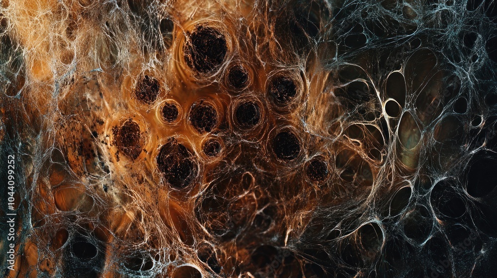 Poster abstract depiction of intricate, organic patterns resembling a web or cellular structure.