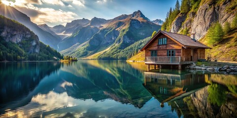 Fototapeta premium Scenic view of a house on a mountain lake