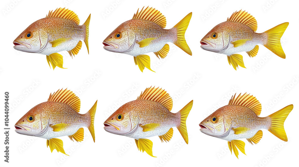 Poster set of red snapper fishes isolated on a transparent background generative ai