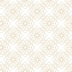 Abstract geometric pattern with crosses, stripes, lines. Seamless vector background. White and gold ornament. Modern reticulated graphic design.