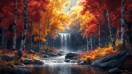 Fototapeta premium A serene autumn forest scene with colorful trees