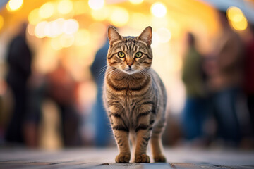 Banner tabby cat walking city street bokeh lights night autumn colors curious expression feline urban exploration