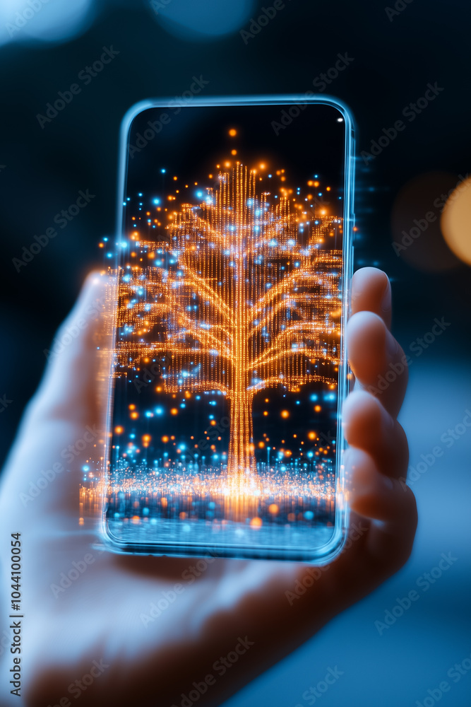 Poster a hand holds a smartphone projecting a stunning holographic tree illuminated by a global network of 