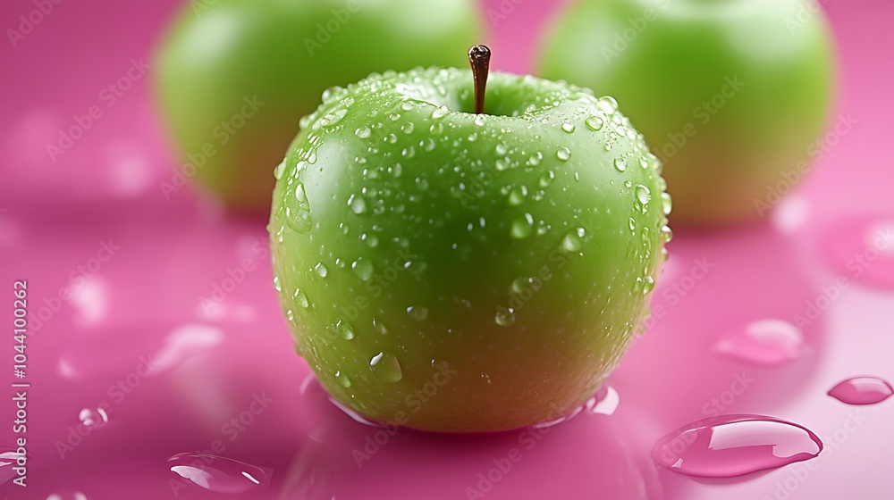 Poster a single green apple with water droplets on a pink background with two other apples in the backgroun