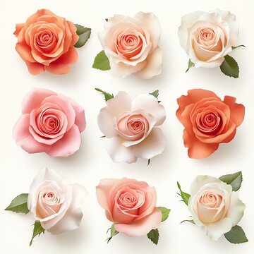 A collection of nine beautiful roses in various shades of pink, peach, and white, arranged in a grid pattern on a light background.