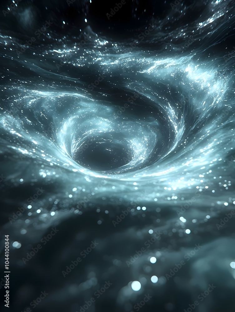 Poster a mesmerizing abstract representation of a swirling black hole, with luminous particles creating a m