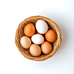 A rustic basket filled with fresh eggs of various colors. Perfect for a farm or kitchen theme. Great for cooking, baking, or healthy living. Capture the essence of natural foods. AI