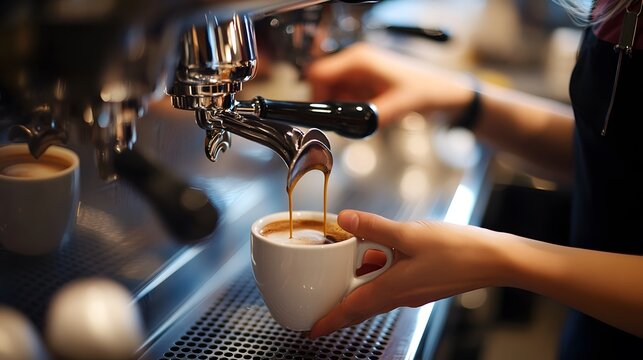 A barista pouring a latte in a coffee shop