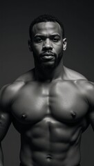 Fototapeta premium A powerful Black athlete muscular and athletic depicted as an African American bodybuilder with strong features in a waist-length torso portrait