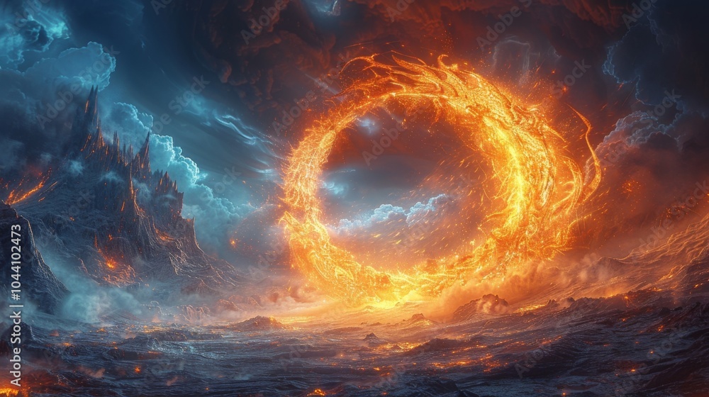 Poster a glowing ouroboros swallowing its own tail representing the cycles of creation and destruction and 