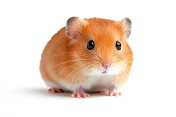 Cute hamster with soft brown fur sitting calmly on a white background, showcasing its round shape and curious black eyes.