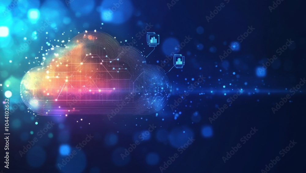 Poster a glowing cloud symbolizing the power of cloud technology, connected to various online data points a