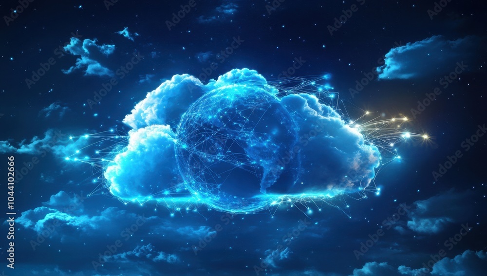 Poster a digital illustration of cloud technology, featuring an icon of the earth with glowing connections 