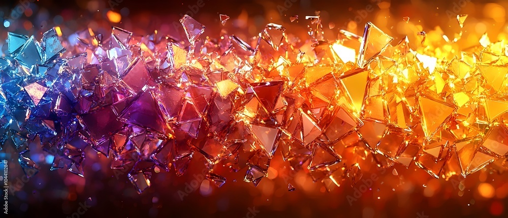 Poster a vibrant abstract composition featuring shimmering shards in shades of orange, purple, and blue, cr