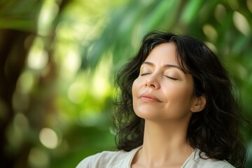 Obraz premium Woman enjoying nature's serenity, eyes closed amid greenery