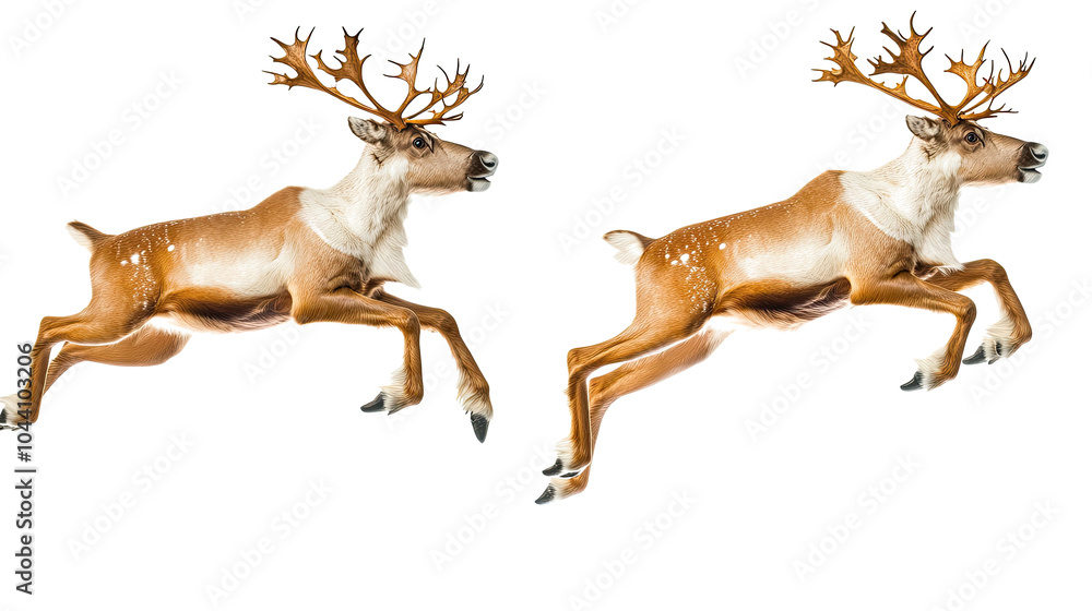 Poster reindeer leaping in snow on a clear background generative ai