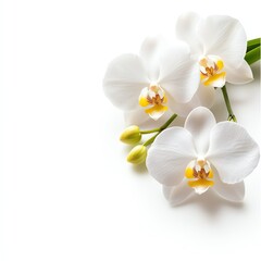Fototapeta premium Elegant white orchids with delicate petals and green stems on a plain background, symbolizing beauty and grace in nature.