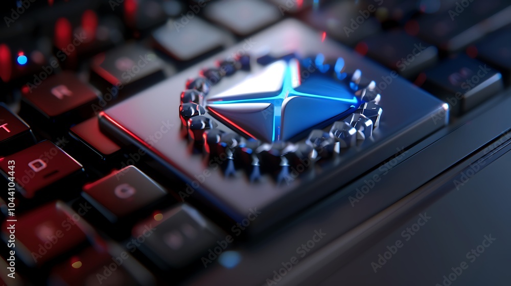 Poster a glowing blue and white symbol with tiny figures encircling it is centered on a black keyboard.