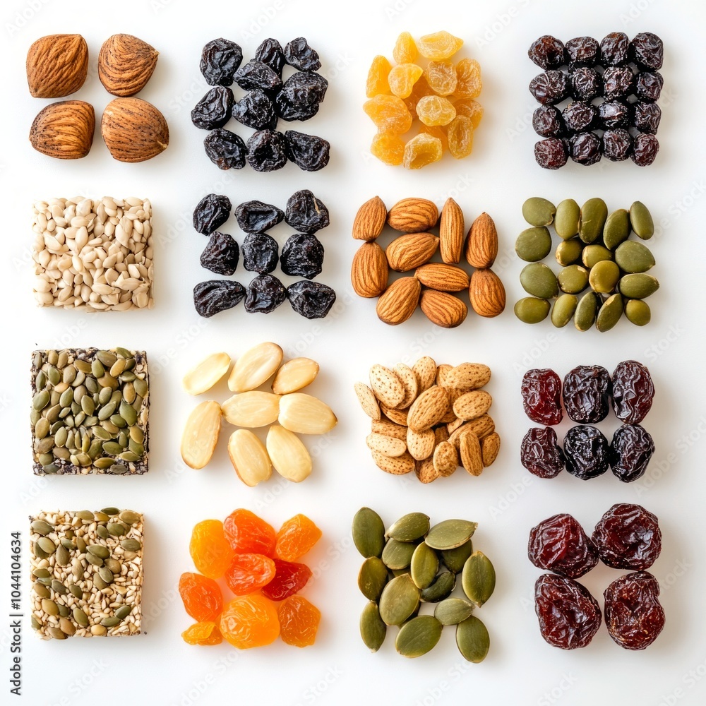 Aufkleber a vibrant assortment of nuts and dried fruits arranged neatly in a grid. this image captures the nat