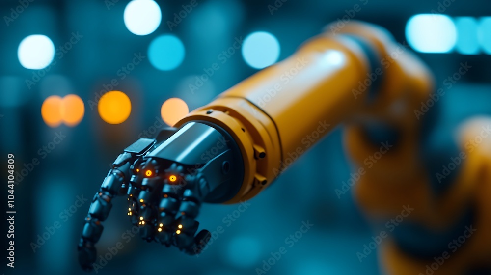 Poster close-up of robotic arm with glowing fingers in a factory setting.