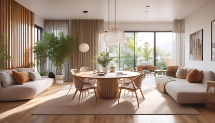 Fototapeta premium A minimalist living room with warm wood tones, featuring a round dining table, leather sofa, and large windows overlooking a balcony